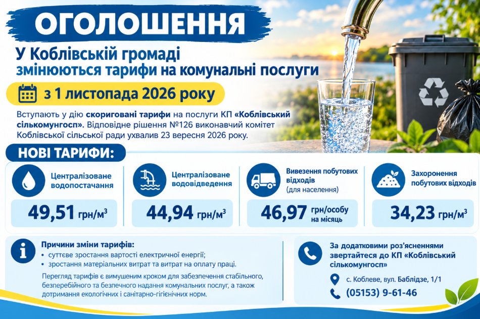 У Коблівській громаді змінюються тарифи на комунальні послуги